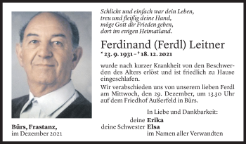 Todesanzeige von Ferdinand Leitner von Vorarlberger Nachrichten