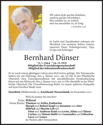 Todesanzeige von Bernhard Dünser von Vorarlberger Nachrichten