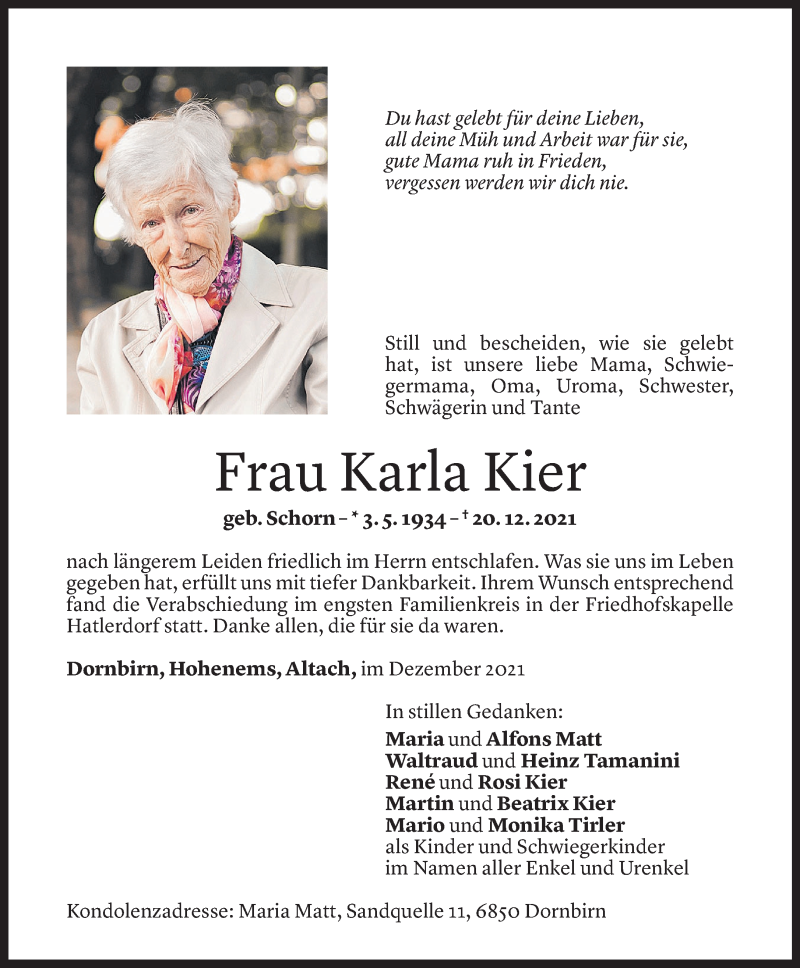  Todesanzeige für Karla Kier vom 28.12.2021 aus Vorarlberger Nachrichten