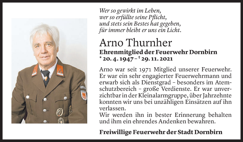  Todesanzeige für Arno Thurnher vom 03.12.2021 aus Vorarlberger Nachrichten