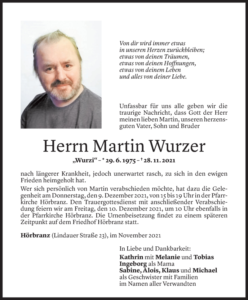  Todesanzeige für Martin Wurzer vom 06.12.2021 aus Vorarlberger Nachrichten