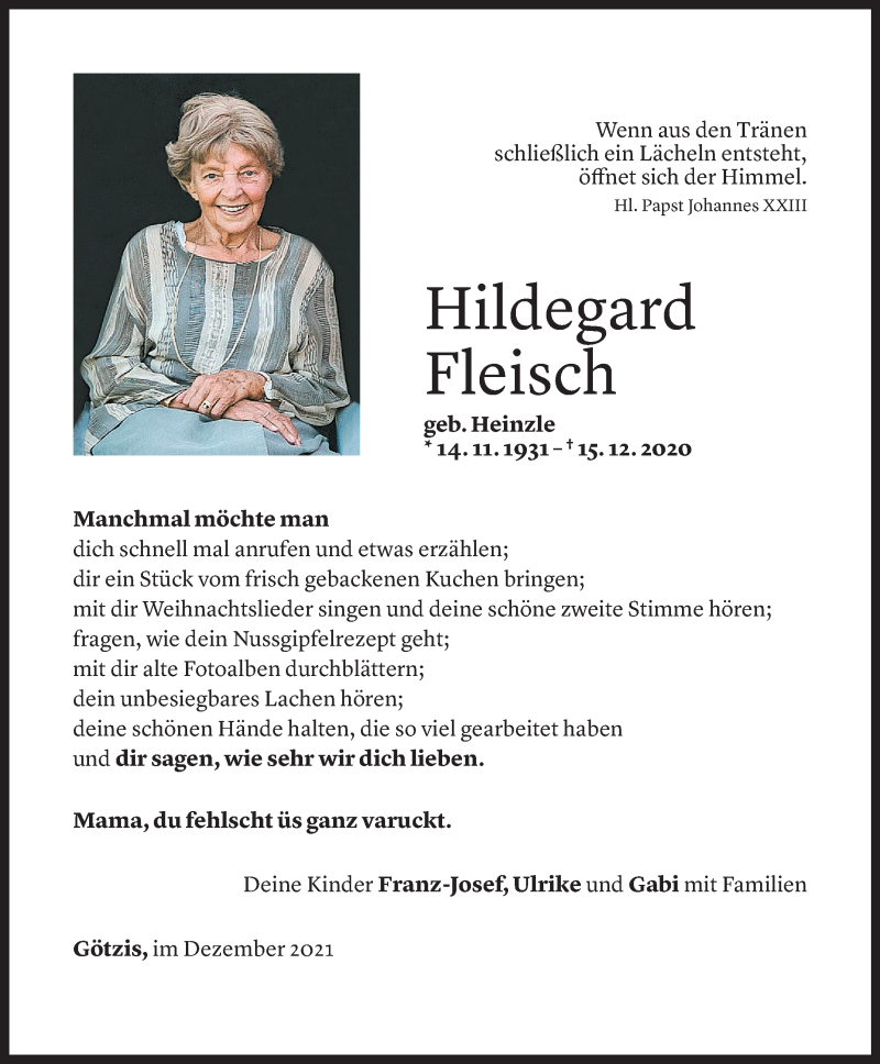  Todesanzeige für Hildegard Fleisch vom 14.12.2021 aus Vorarlberger Nachrichten