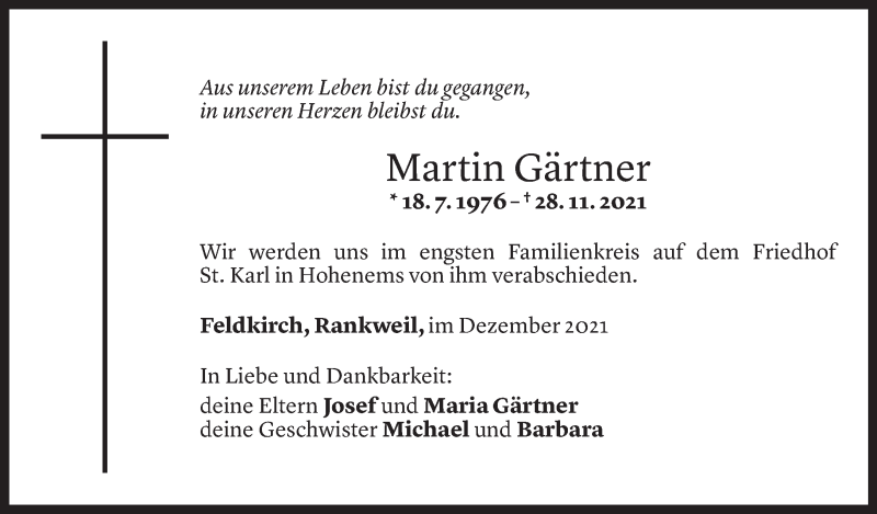  Todesanzeige für Martin Gärtner vom 04.12.2021 aus Vorarlberger Nachrichten