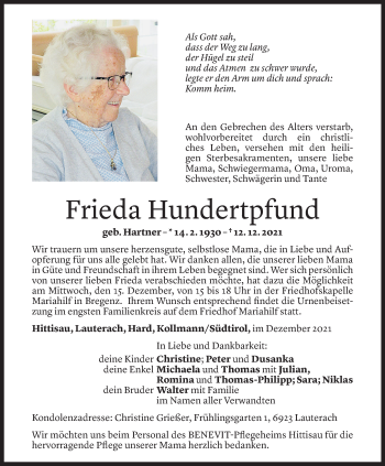 Todesanzeige von Frieda Hundertpfund von Vorarlberger Nachrichten