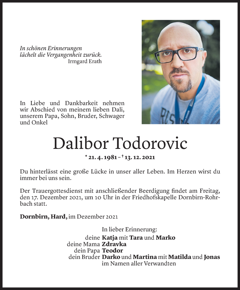  Todesanzeige für Dalibor Todorovic vom 14.12.2021 aus Vorarlberger Nachrichten