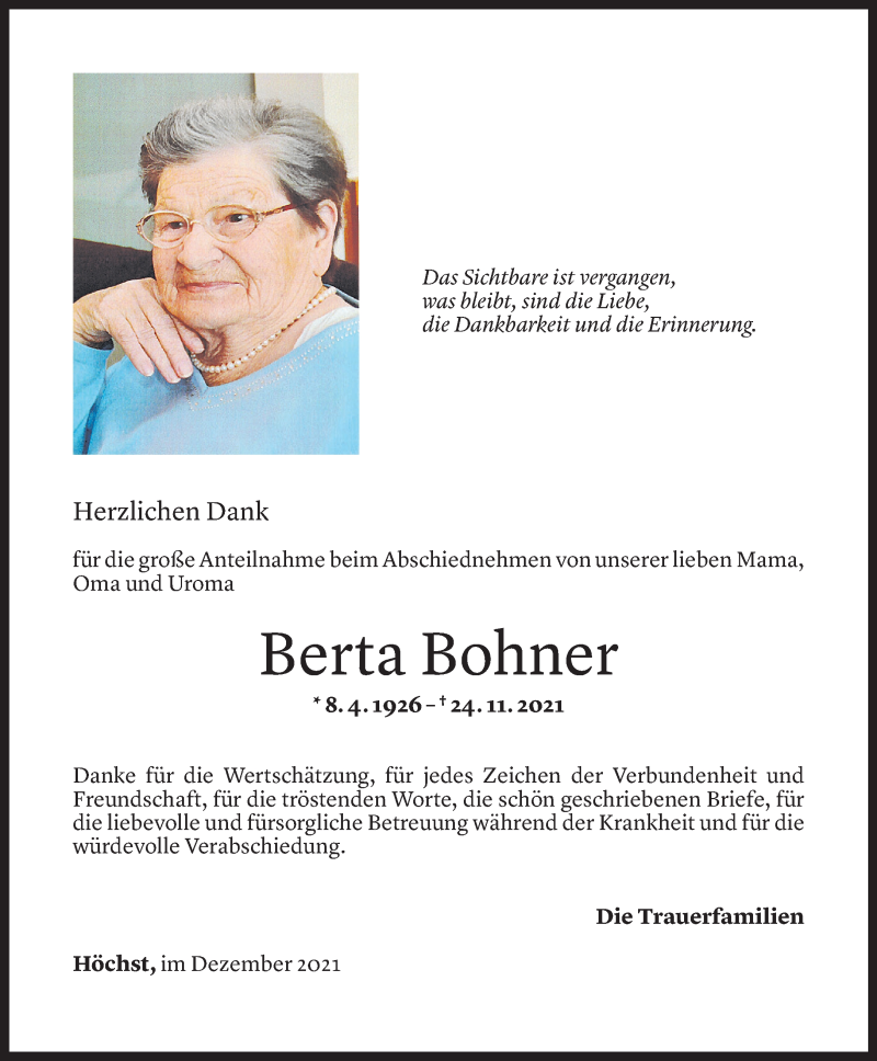  Todesanzeige für Berta Bohner vom 21.12.2021 aus Vorarlberger Nachrichten