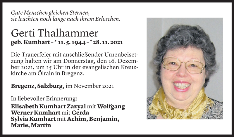  Todesanzeige für Gerti Thalhammer vom 10.12.2021 aus Vorarlberger Nachrichten