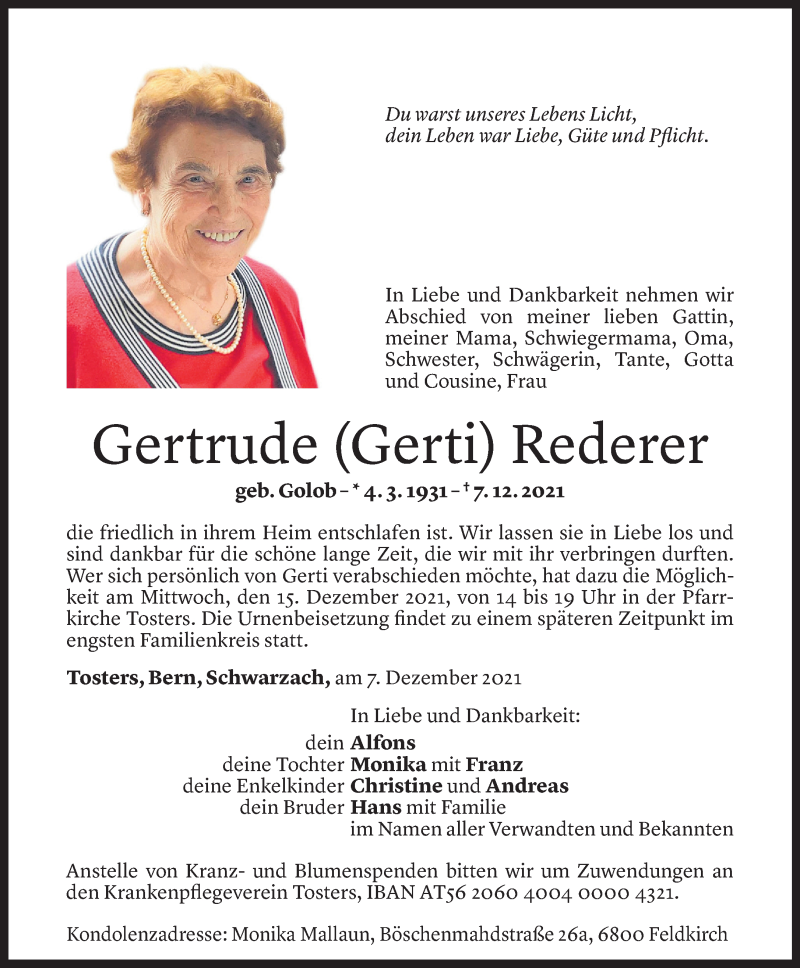  Todesanzeige für Gertrude Rederer vom 14.12.2021 aus Vorarlberger Nachrichten