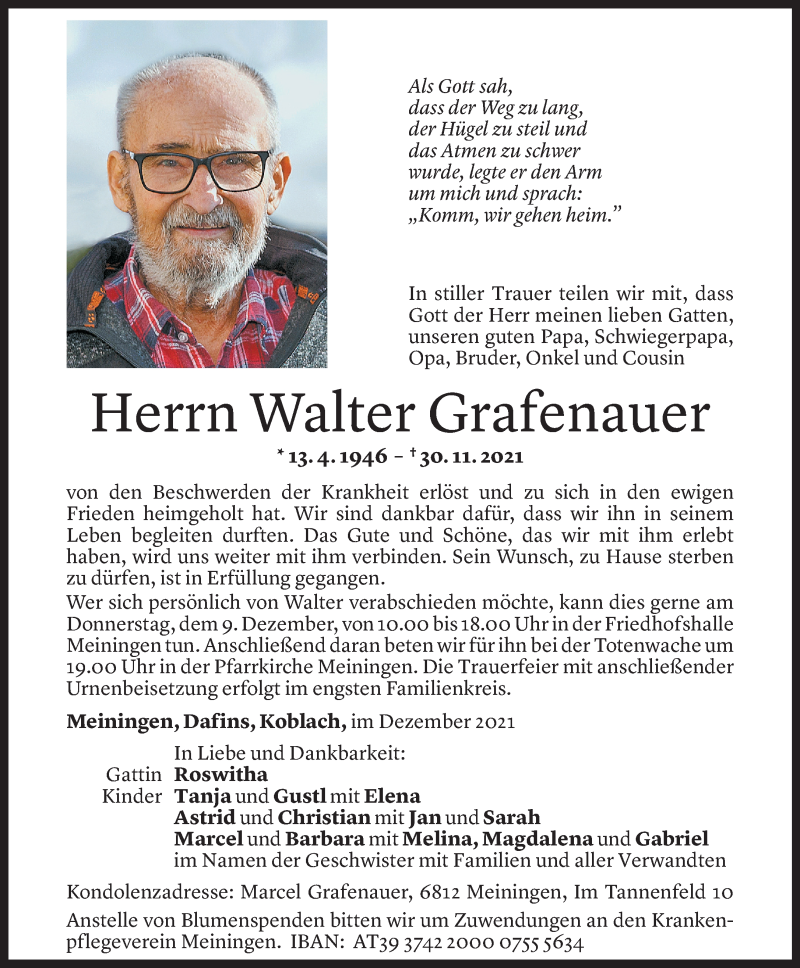  Todesanzeige für Walter Grafenauer vom 06.12.2021 aus Vorarlberger Nachrichten