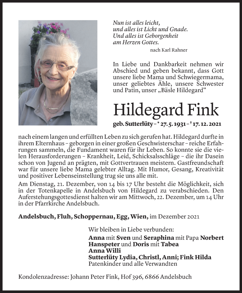  Todesanzeige für Hildegard Agnes Fink vom 19.12.2021 aus Vorarlberger Nachrichten