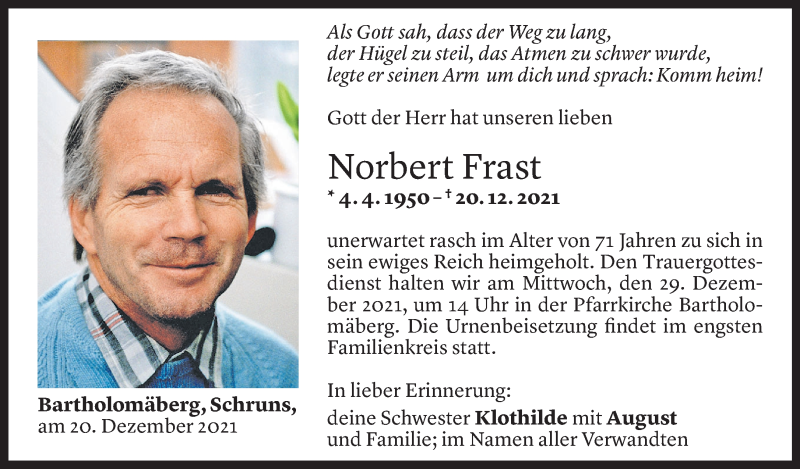  Todesanzeige für Norbert Frast vom 22.12.2021 aus Vorarlberger Nachrichten