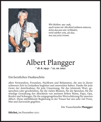 Todesanzeige von Albert Plangger von Vorarlberger Nachrichten