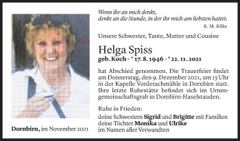 Todesanzeige von Helga Spiss von Vorarlberger Nachrichten