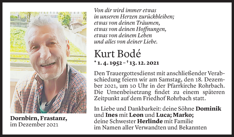  Todesanzeige für Kurt Bode vom 15.12.2021 aus Vorarlberger Nachrichten