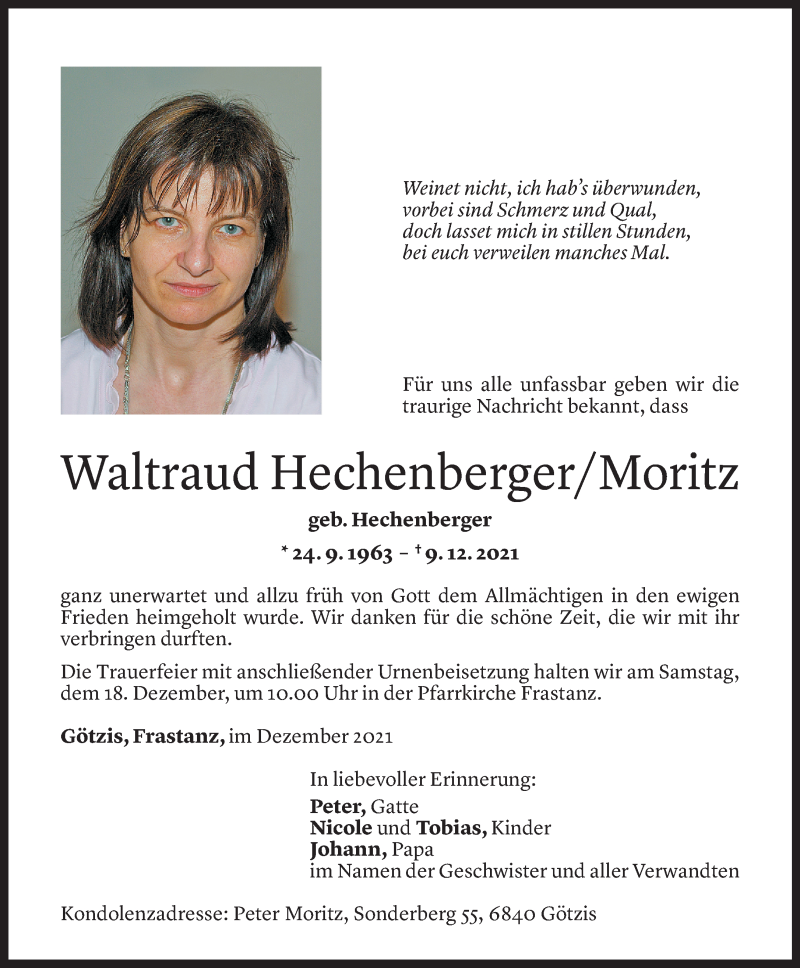  Todesanzeige für Waltraud Hechenberger-Moritz vom 16.12.2021 aus Vorarlberger Nachrichten