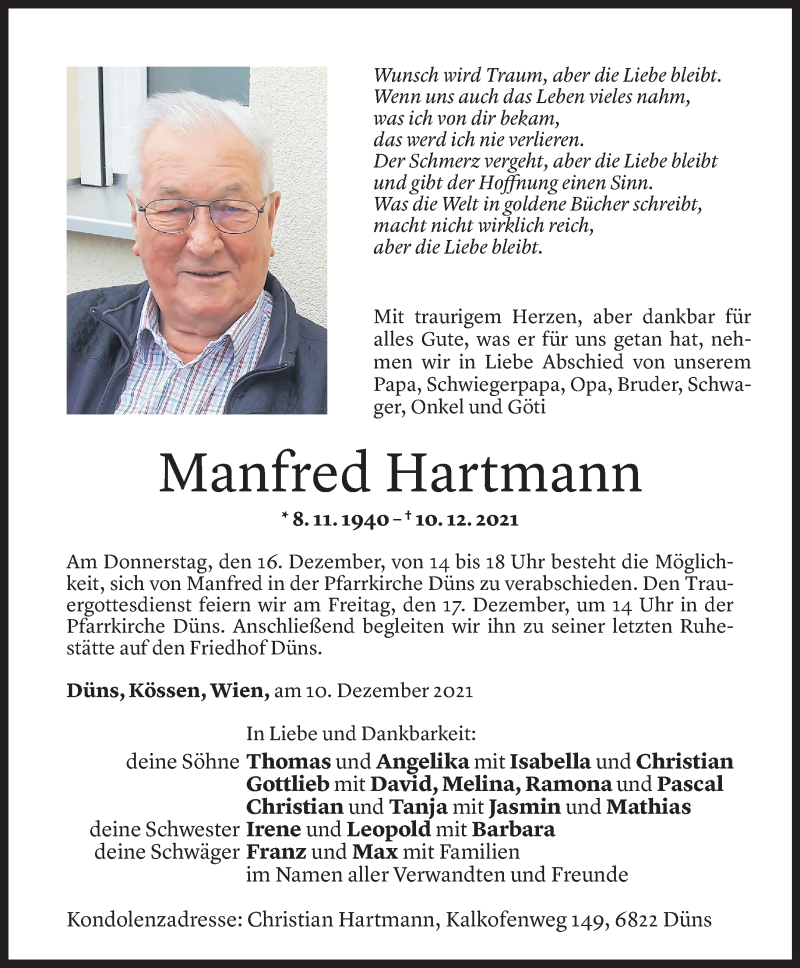  Todesanzeige für Manfred Hartmann vom 13.12.2021 aus Vorarlberger Nachrichten