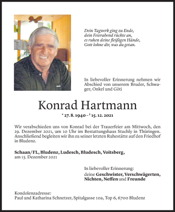 Todesanzeige von Konrad Hartmann von Vorarlberger Nachrichten