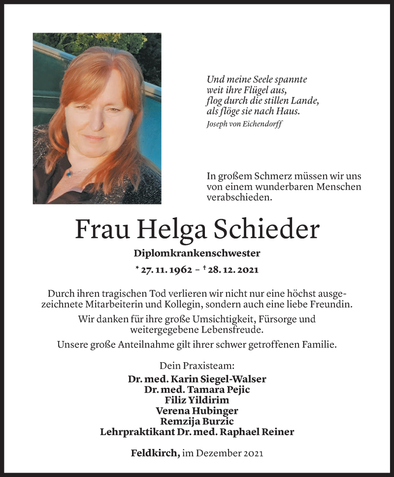  Todesanzeige für Helga Schieder vom 31.12.2021 aus Vorarlberger Nachrichten