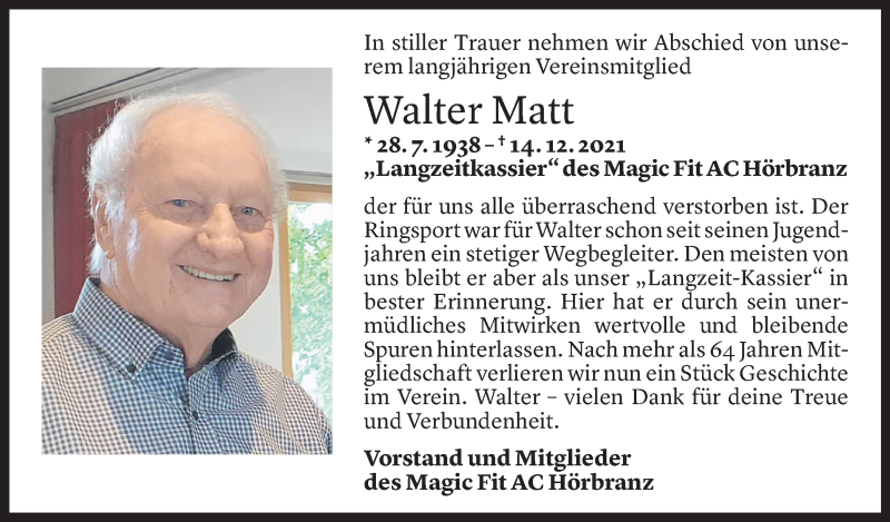  Todesanzeige für Walter Matt vom 18.12.2021 aus Vorarlberger Nachrichten