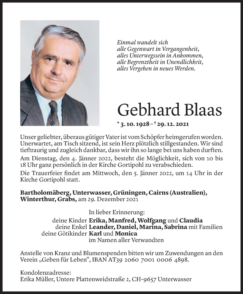  Todesanzeige für Gebhard Blaas vom 30.12.2021 aus Vorarlberger Nachrichten