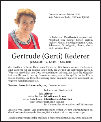 Todesanzeige von Gertrude Rederer von Vorarlberger Nachrichten
