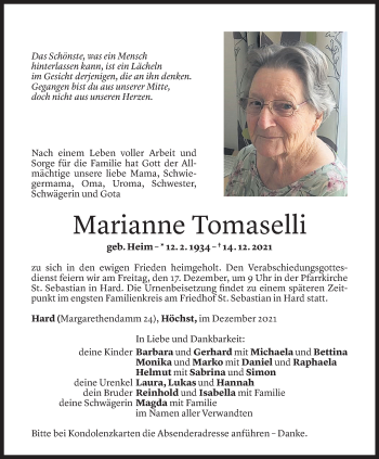 Todesanzeige von Marianne Tomaselli von Vorarlberger Nachrichten