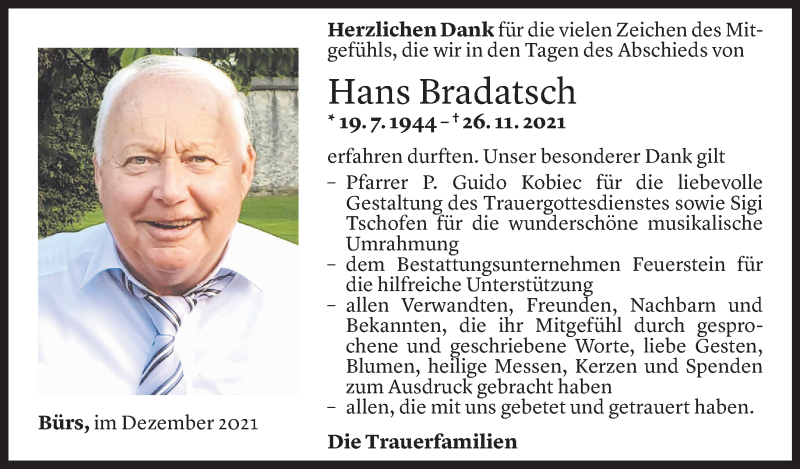  Todesanzeige für Hans Bradatsch vom 17.12.2021 aus Vorarlberger Nachrichten
