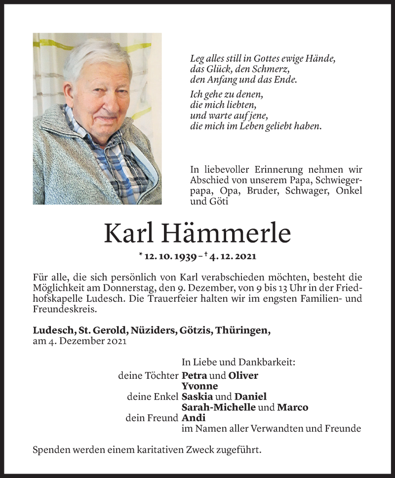  Todesanzeige für Karl Hämmerle vom 07.12.2021 aus Vorarlberger Nachrichten
