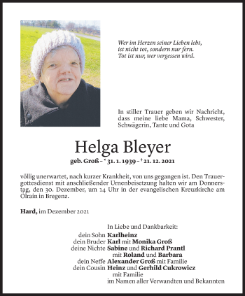 Todesanzeige von Helga Bleyer von Vorarlberger Nachrichten