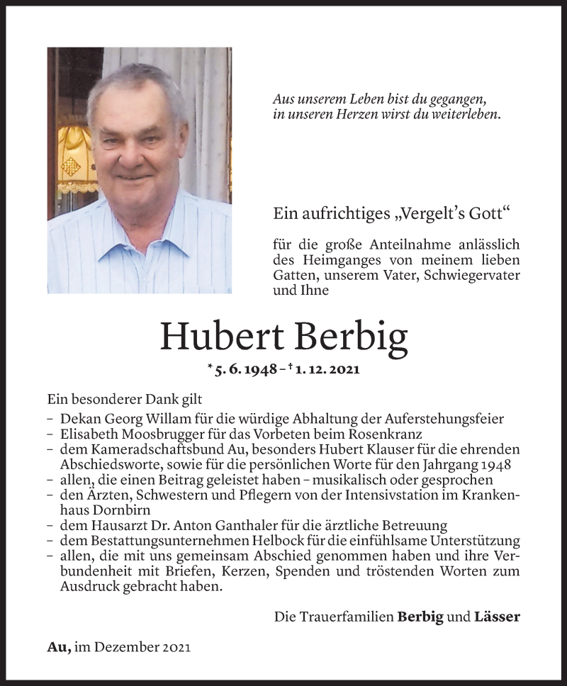  Todesanzeige für Hubert Berbig vom 21.12.2021 aus Vorarlberger Nachrichten