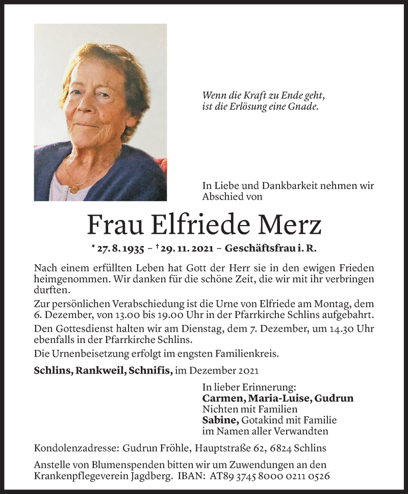  Todesanzeige für Elfriede Merz vom 03.12.2021 aus Vorarlberger Nachrichten