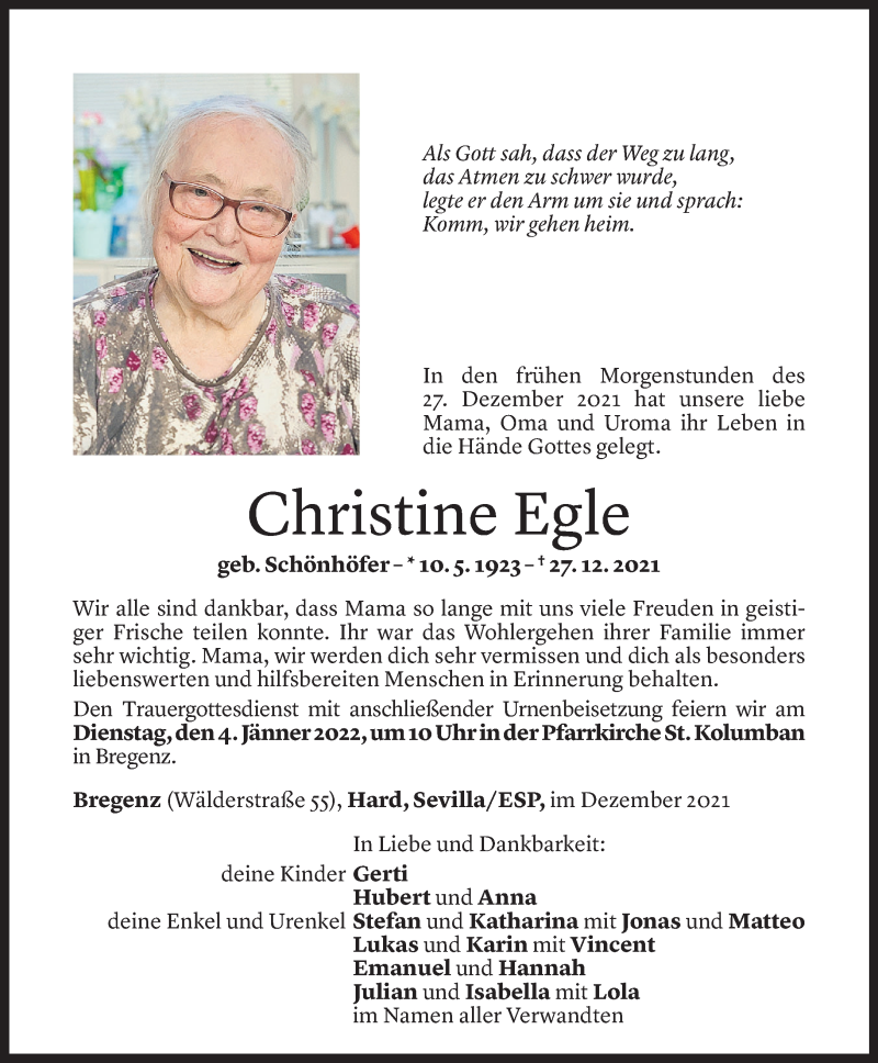  Todesanzeige für Christine Egle vom 30.12.2021 aus Vorarlberger Nachrichten