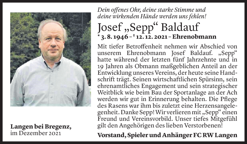  Todesanzeige für Josef Baldauf vom 14.12.2021 aus Vorarlberger Nachrichten