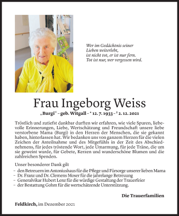 Todesanzeige von Ingeborg Weiss von Vorarlberger Nachrichten