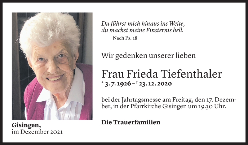  Todesanzeige für Frieda Tiefenthaler vom 14.12.2021 aus Vorarlberger Nachrichten