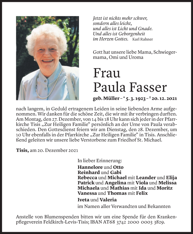  Todesanzeige für Paula Fasser vom 23.12.2021 aus Vorarlberger Nachrichten