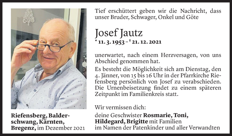  Todesanzeige für Josef Jautz vom 02.01.2022 aus Vorarlberger Nachrichten