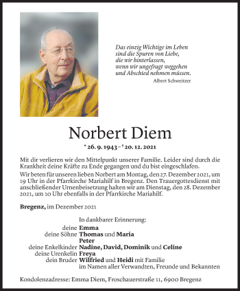 Todesanzeige von Norbert Diem von Vorarlberger Nachrichten