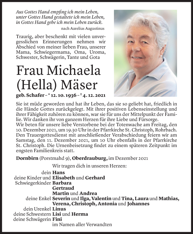  Todesanzeige für Michaela Mäser vom 07.12.2021 aus Vorarlberger Nachrichten