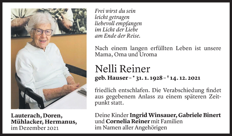  Todesanzeige für Nelli Reiner vom 18.12.2021 aus Vorarlberger Nachrichten