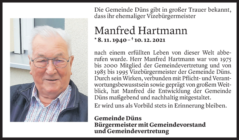  Todesanzeige für Manfred Hartmann vom 13.12.2021 aus Vorarlberger Nachrichten