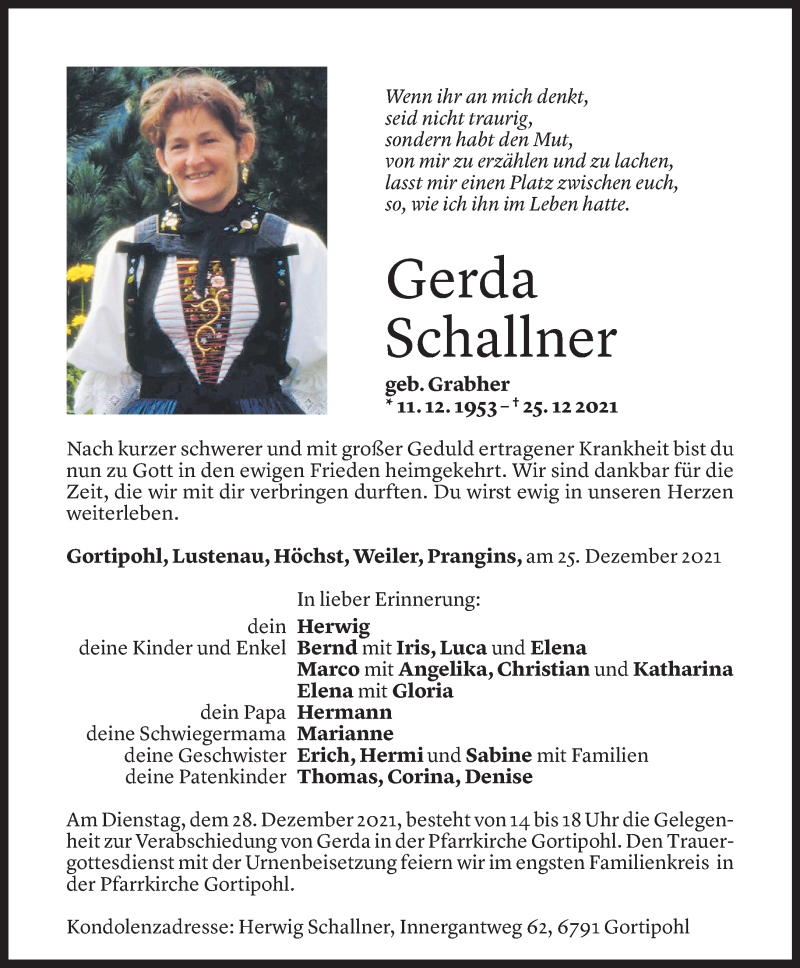  Todesanzeige für Gerda Schallner vom 27.12.2021 aus Vorarlberger Nachrichten