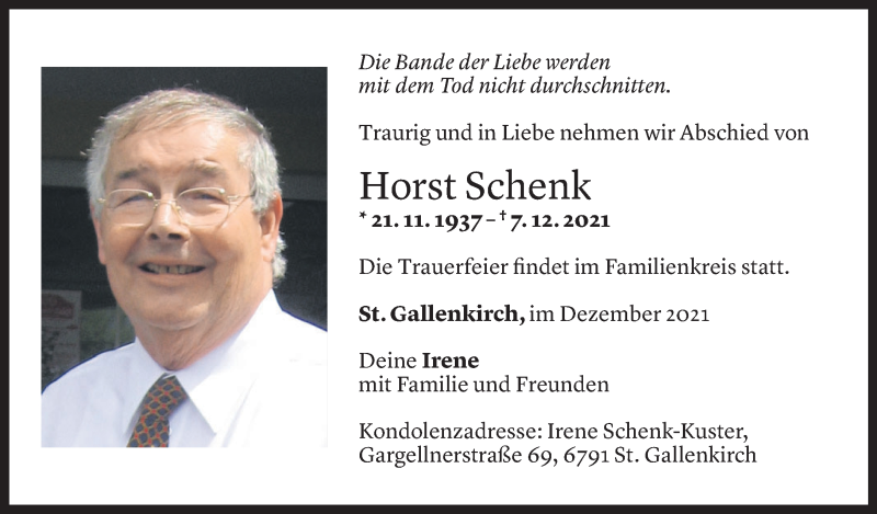  Todesanzeige für Horst Schenk vom 18.12.2021 aus Vorarlberger Nachrichten