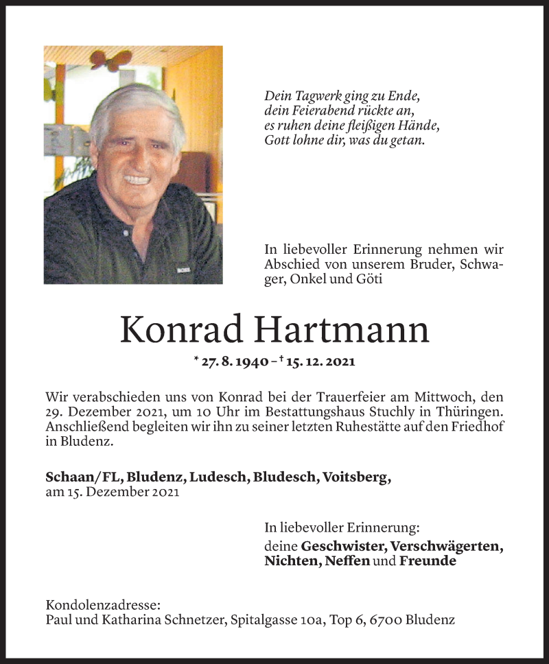  Todesanzeige für Konrad Hartmann vom 26.12.2021 aus Vorarlberger Nachrichten