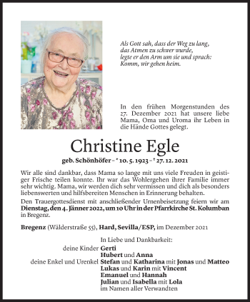 Todesanzeige von Christine Egle von Vorarlberger Nachrichten