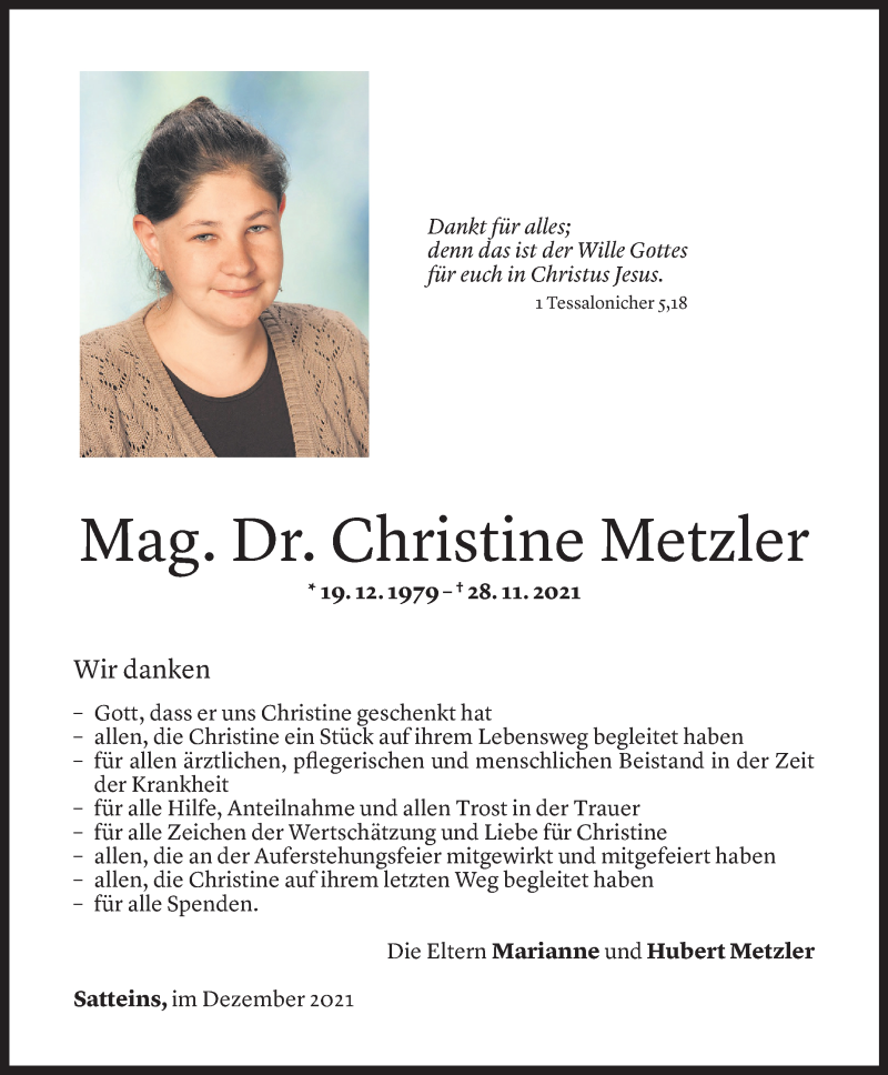  Todesanzeige für Christine Metzler vom 17.12.2021 aus Vorarlberger Nachrichten