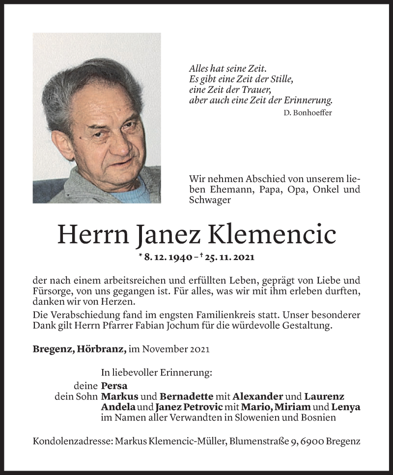  Todesanzeige für Janez Klemencic vom 04.12.2021 aus Vorarlberger Nachrichten