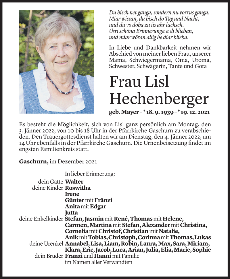  Todesanzeige für Lisl Hechenberger vom 28.12.2021 aus Vorarlberger Nachrichten