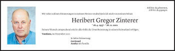 Todesanzeige von Heribert Gregor Zinterer von Vorarlberger Nachrichten