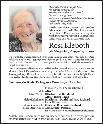Todesanzeige von Rosi Kleboth von Vorarlberger Nachrichten